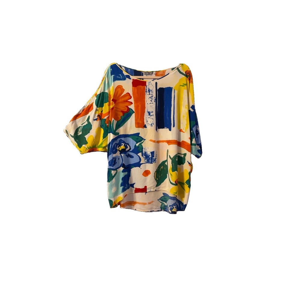 Vtg Jams World Hawaiian Art Print Blouse Top Size M Slit Sleeves Garden Floral